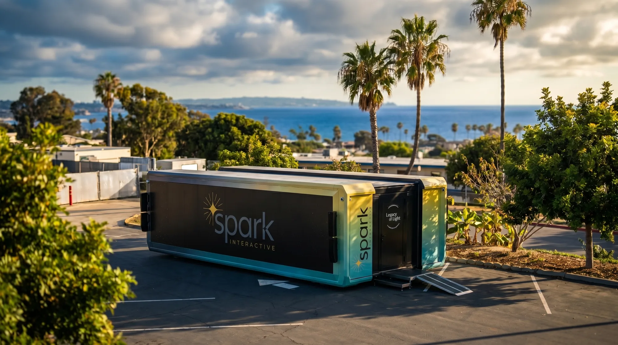 The Spark Interactive mobile exhibit parked on a San Diego campus above the Pacific