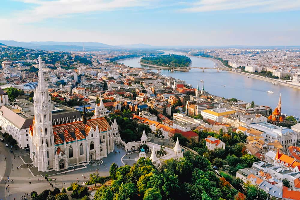 Matthias Church and the Danube in Budapest, looking from Castle Hill across the river