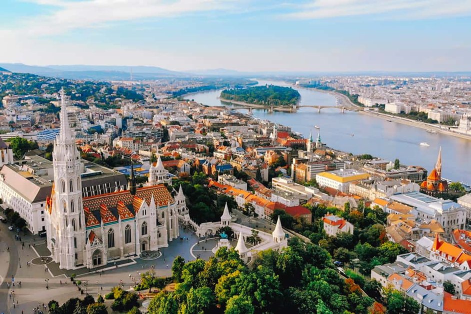 Budapest from above, with the Danube and Matthias Church